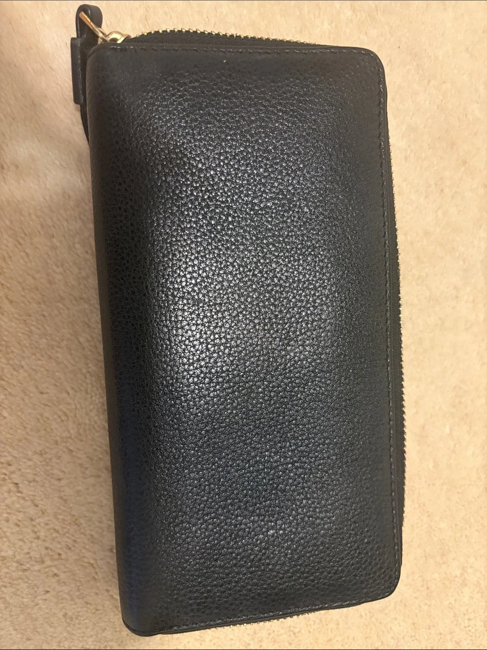 Tory Burch Black Pebbled Leather Zip Wristlet with Gold Logo